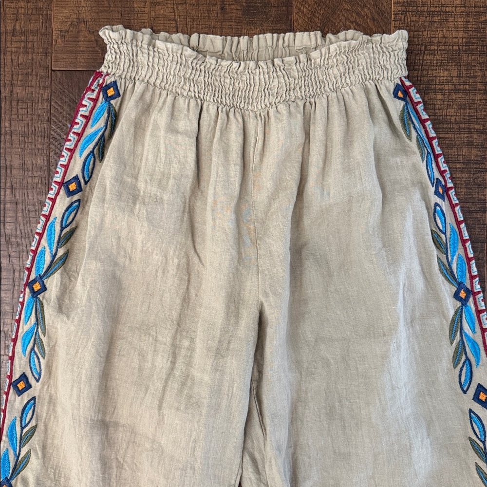 Johnny Was JW Los Angeles Side Slit Linen Embroidered Pants - Picture 2 of 9